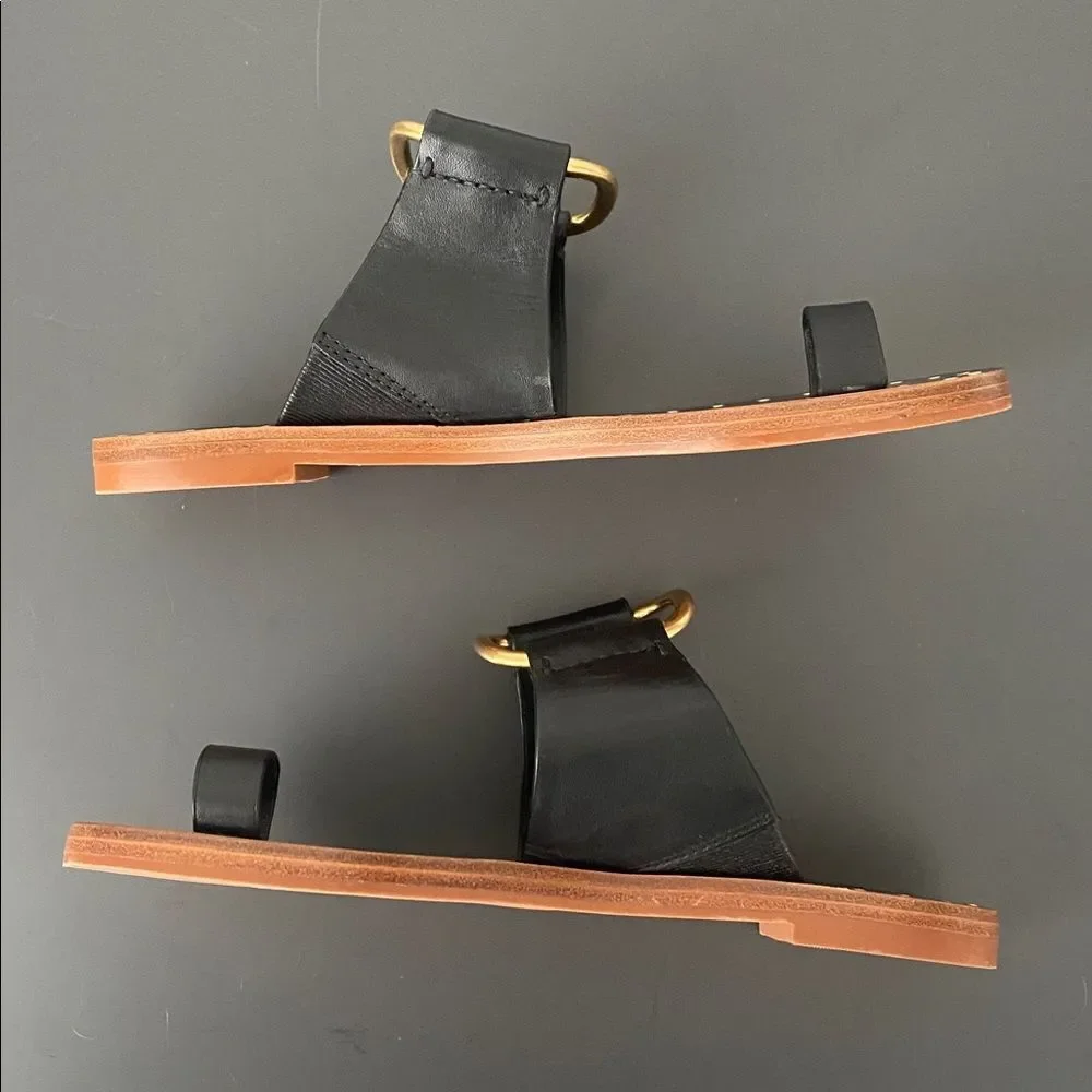 Tory Burch Black Leather Toe-Ring Slide Sandals Gold Hardware Sz 5.5 Chic NWOB